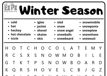 Winter Season Vocabulary Word Search for Kids and English Language Learners 20 Words Free Downloadable PDF